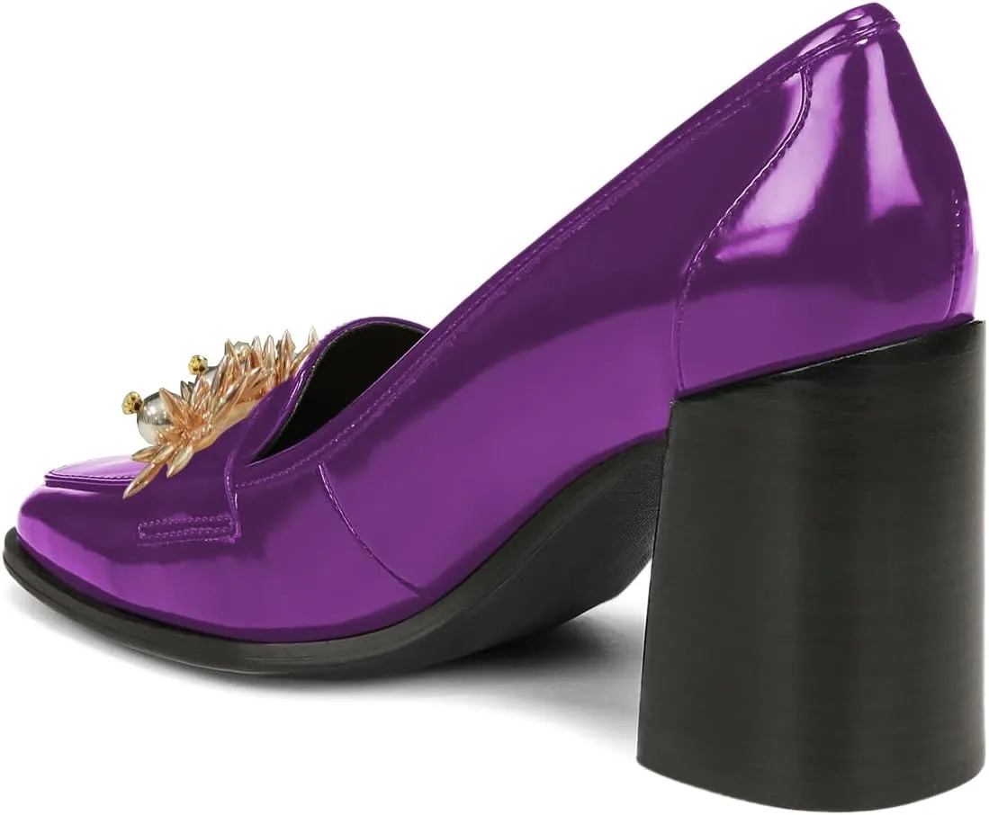 YDN Women Pearl Loafers Chunky High Heels Square Toe Studded Pumps Metal Oxfords Slip On Shoes Prom Party Working Size 4-16 US