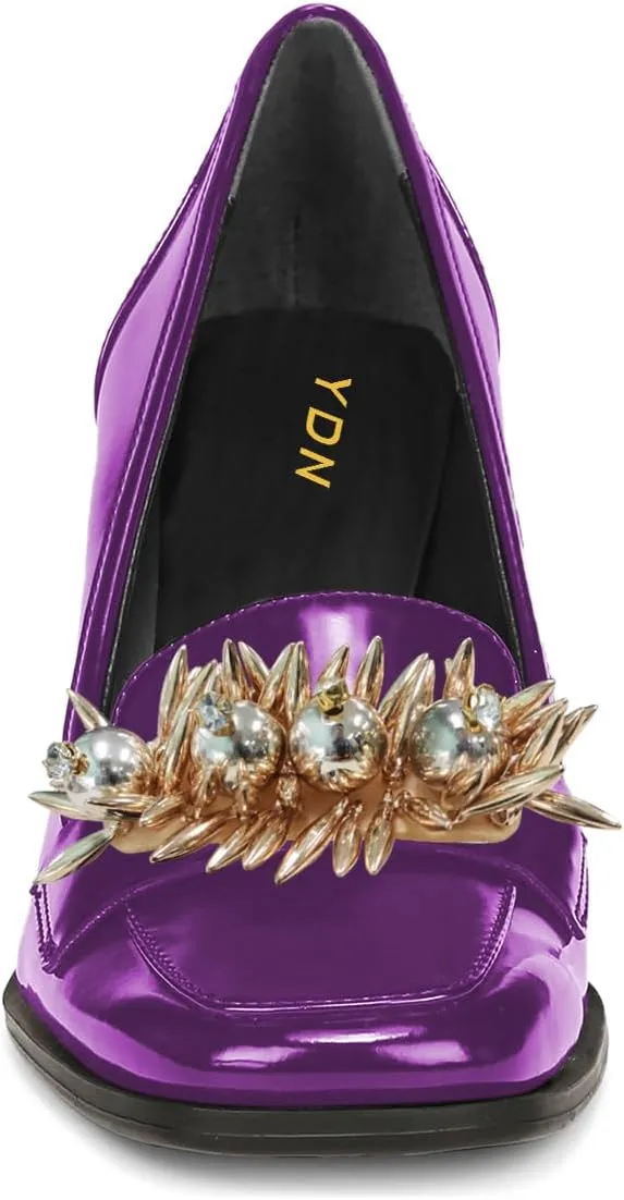 YDN Women Pearl Loafers Chunky High Heels Square Toe Studded Pumps Metal Oxfords Slip On Shoes Prom Party Working Size 4-16 US