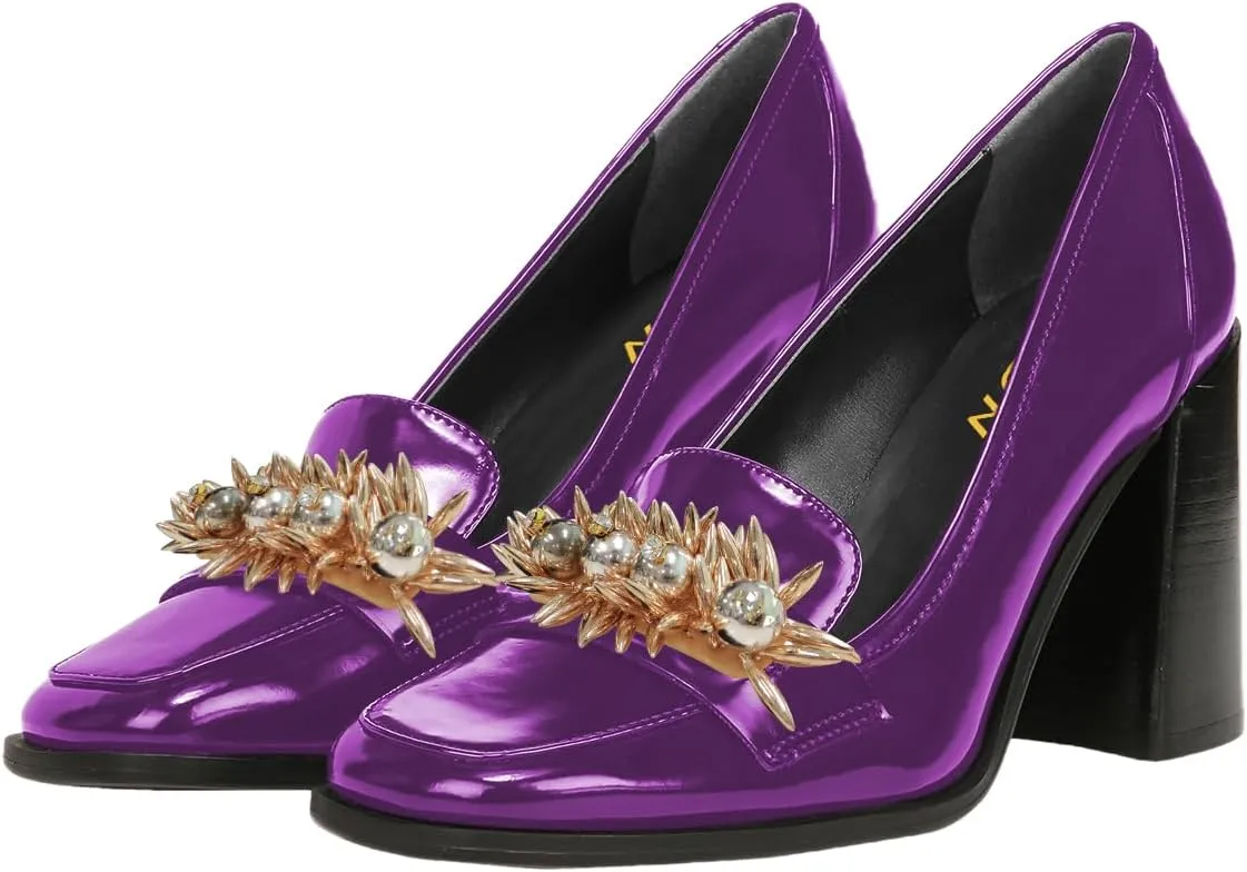 YDN Women Pearl Loafers Chunky High Heels Square Toe Studded Pumps Metal Oxfords Slip On Shoes Prom Party Working Size 4-16 US