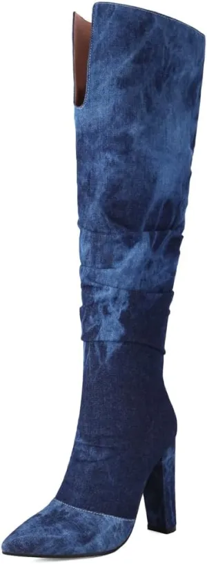 YIYA Camouflage Knee High Boots for Women Chunky Block Heel Sexy Pointed Toe Pull-on Camo Long Fashion Dress Boot