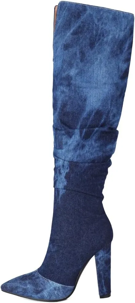 YIYA Camouflage Knee High Boots for Women Chunky Block Heel Sexy Pointed Toe Pull-on Camo Long Fashion Dress Boot