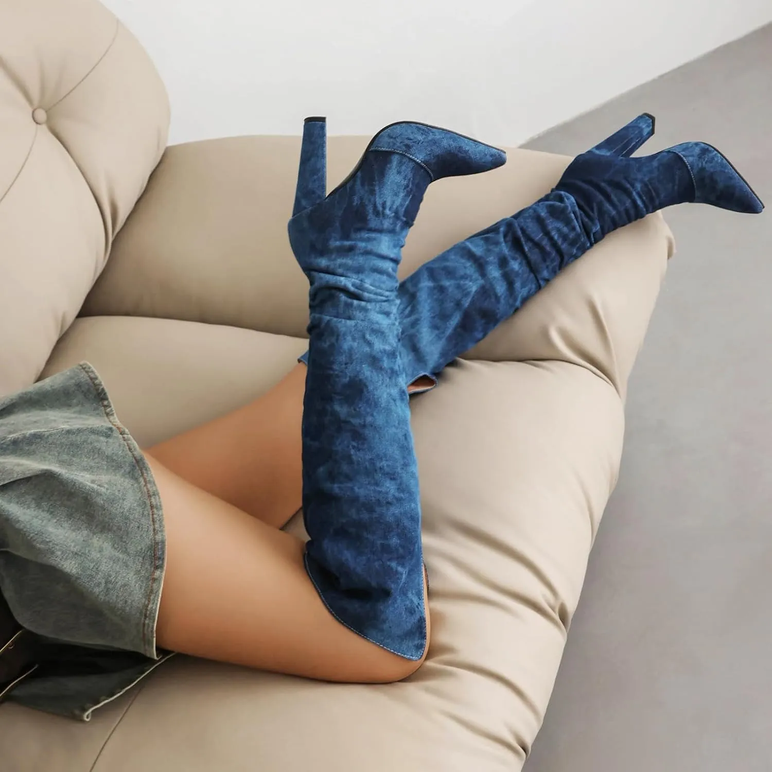 YIYA Camouflage Knee High Boots for Women Chunky Block Heel Sexy Pointed Toe Pull-on Camo Long Fashion Dress Boot