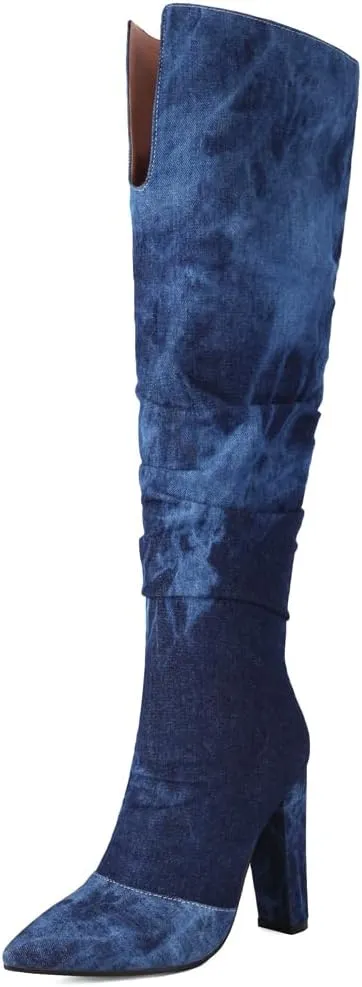 YIYA Camouflage Knee High Boots for Women Chunky Block Heel Sexy Pointed Toe Pull-on Camo Long Fashion Dress Boot