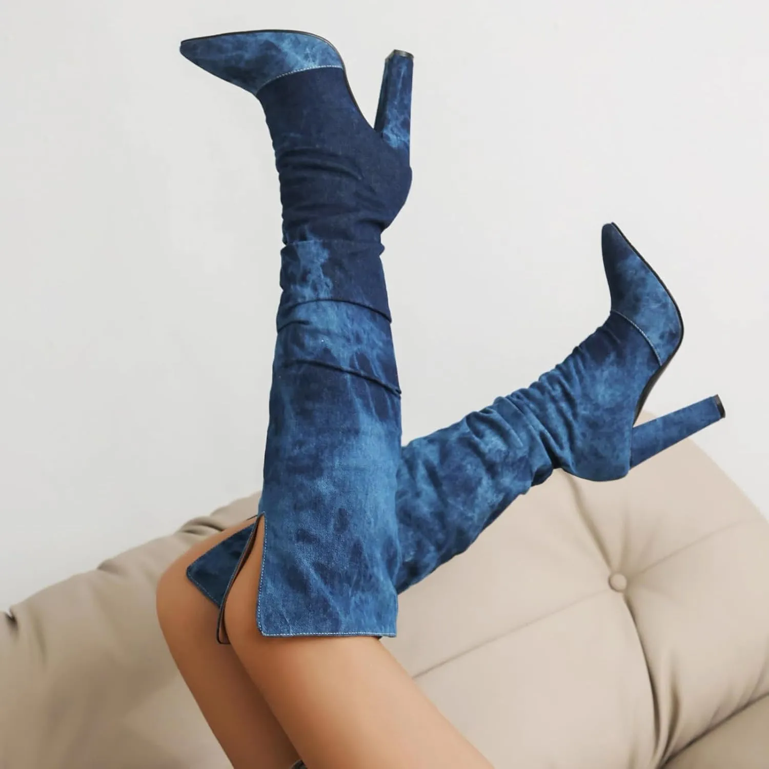 YIYA Camouflage Knee High Boots for Women Chunky Block Heel Sexy Pointed Toe Pull-on Camo Long Fashion Dress Boot