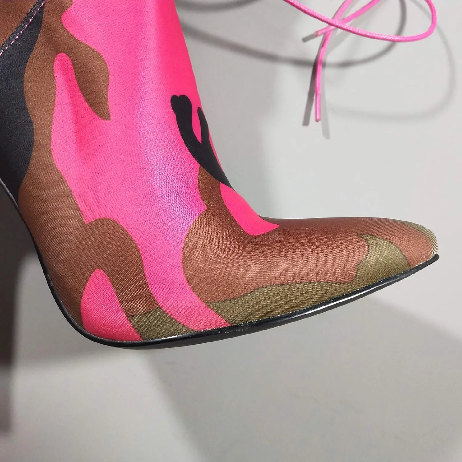 YIYA Sexy Camouflage Pointed Toe Mid-Calf Boots for Women Orange Stiletto High Heels Boots Elastic Lace Up Fabric Stretchy Ankle Booties