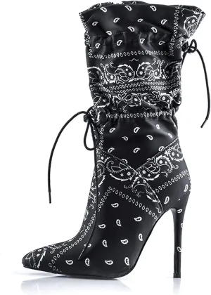 YIYA Sexy Camouflage Pointed Toe Mid-Calf Boots for Women Orange Stiletto High Heels Boots Elastic Lace Up Fabric Stretchy Ankle Booties