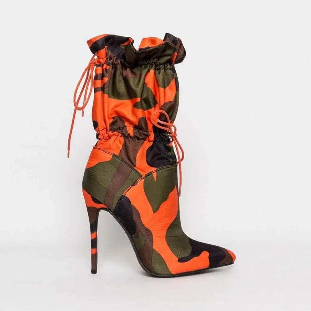 YIYA Sexy Camouflage Pointed Toe Mid-Calf Boots for Women Orange Stiletto High Heels Boots Elastic Lace Up Fabric Stretchy Ankle Booties