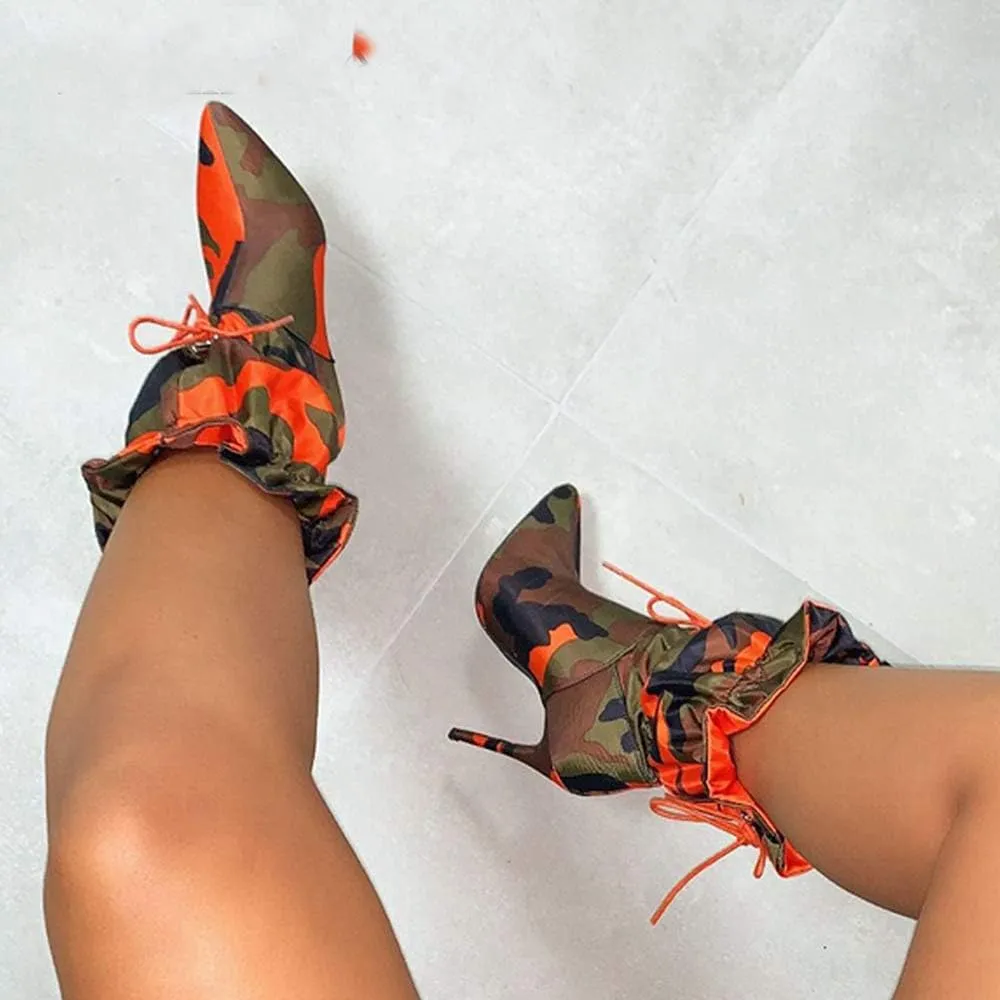 YIYA Sexy Camouflage Pointed Toe Mid-Calf Boots for Women Orange Stiletto High Heels Boots Elastic Lace Up Fabric Stretchy Ankle Booties
