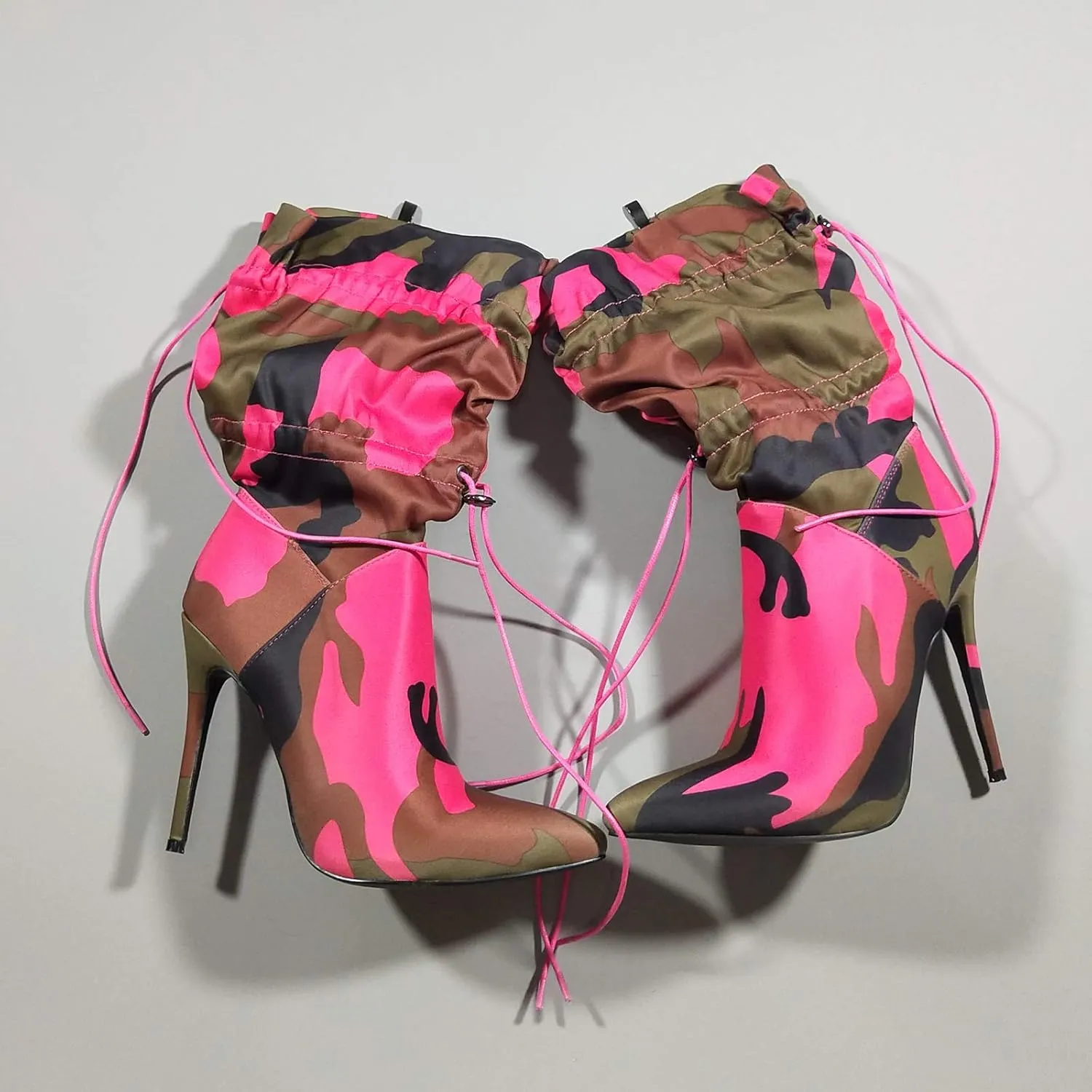 YIYA Sexy Camouflage Pointed Toe Mid-Calf Boots for Women Orange Stiletto High Heels Boots Elastic Lace Up Fabric Stretchy Ankle Booties