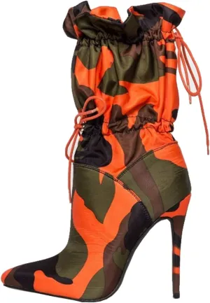 YIYA Sexy Camouflage Pointed Toe Mid-Calf Boots for Women Orange Stiletto High Heels Boots Elastic Lace Up Fabric Stretchy Ankle Booties