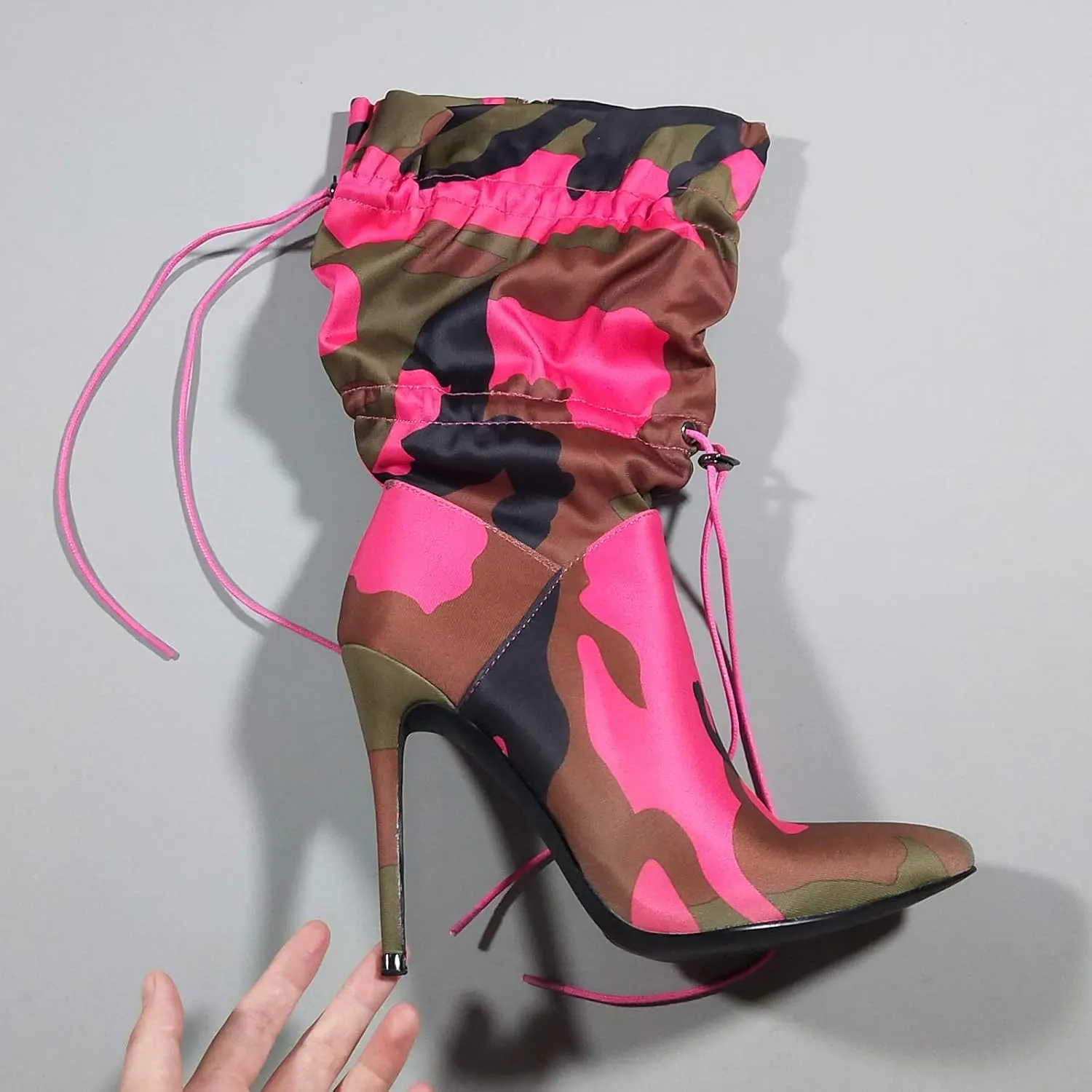 YIYA Sexy Camouflage Pointed Toe Mid-Calf Boots for Women Orange Stiletto High Heels Boots Elastic Lace Up Fabric Stretchy Ankle Booties