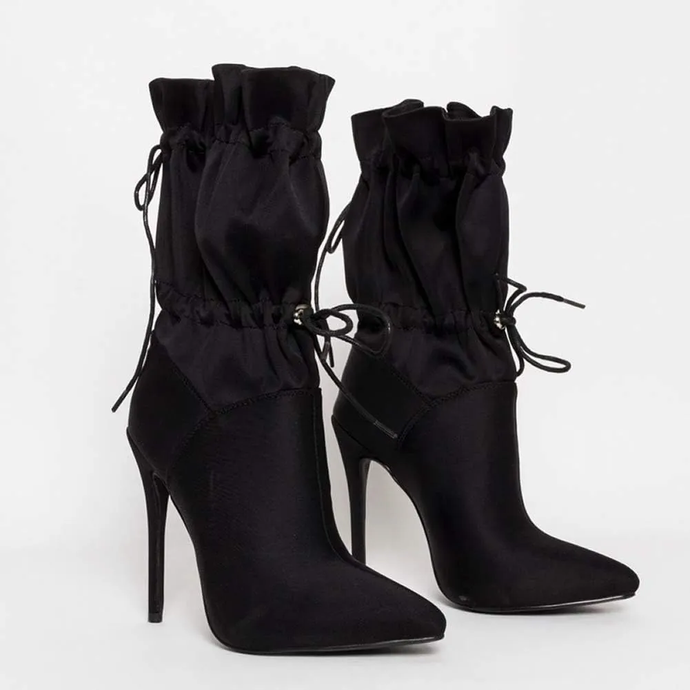 YIYA Sexy Camouflage Pointed Toe Mid-Calf Boots for Women Orange Stiletto High Heels Boots Elastic Lace Up Fabric Stretchy Ankle Booties