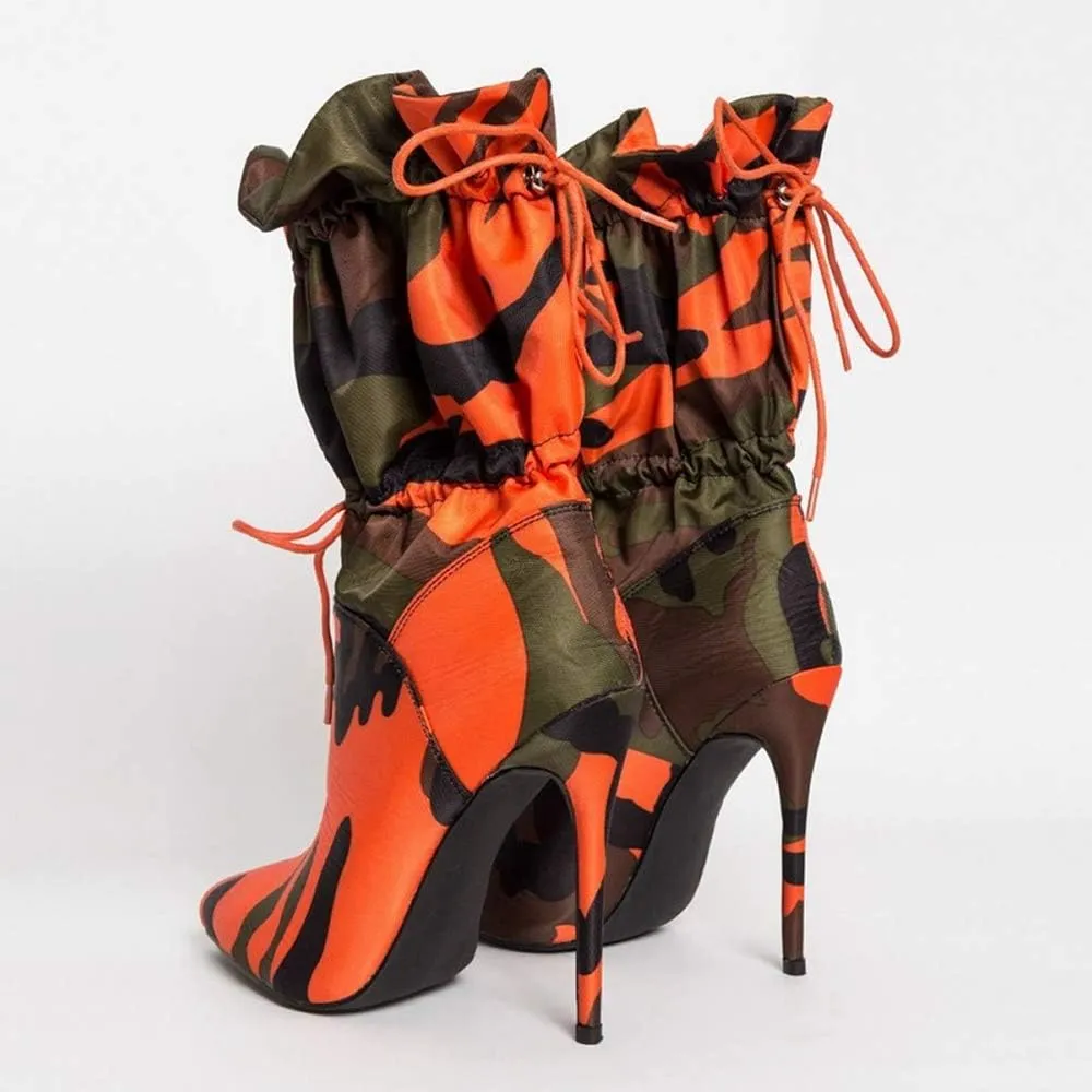 YIYA Sexy Camouflage Pointed Toe Mid-Calf Boots for Women Orange Stiletto High Heels Boots Elastic Lace Up Fabric Stretchy Ankle Booties