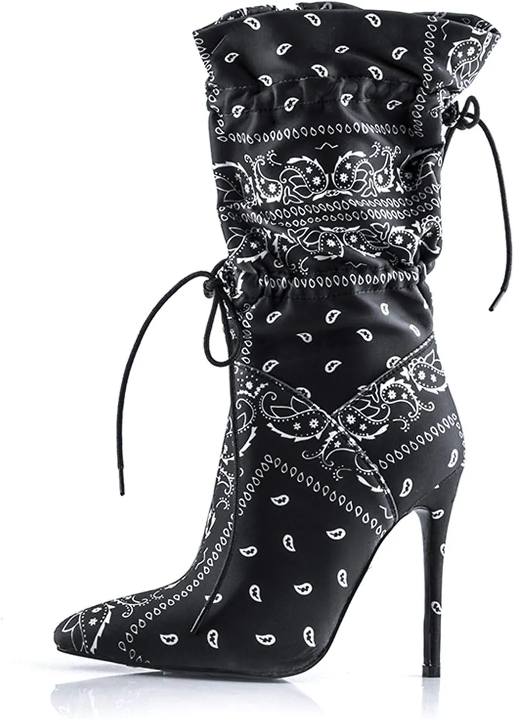 YIYA Sexy Camouflage Pointed Toe Mid-Calf Boots for Women Orange Stiletto High Heels Boots Elastic Lace Up Fabric Stretchy Ankle Booties