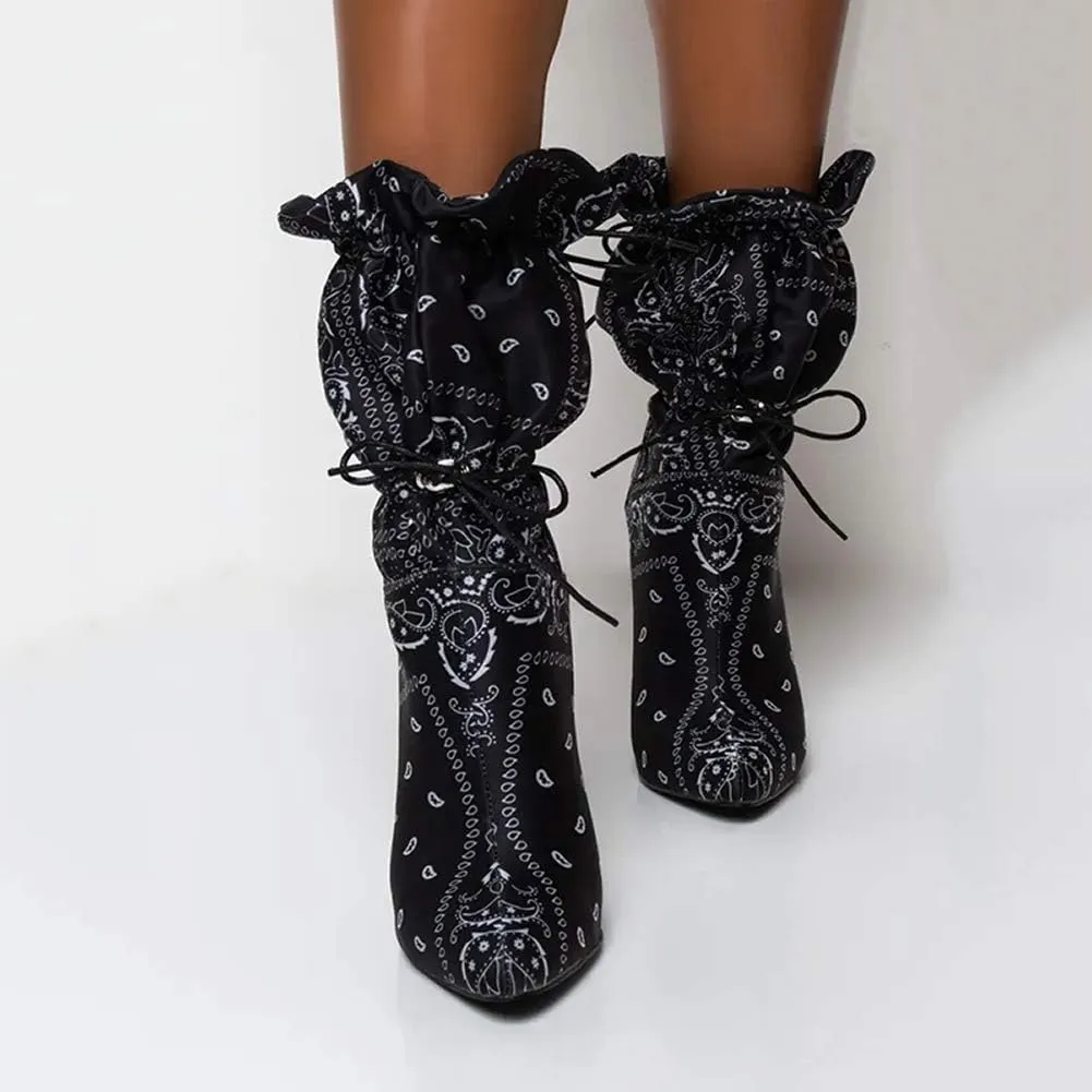 YIYA Sexy Camouflage Pointed Toe Mid-Calf Boots for Women Orange Stiletto High Heels Boots Elastic Lace Up Fabric Stretchy Ankle Booties