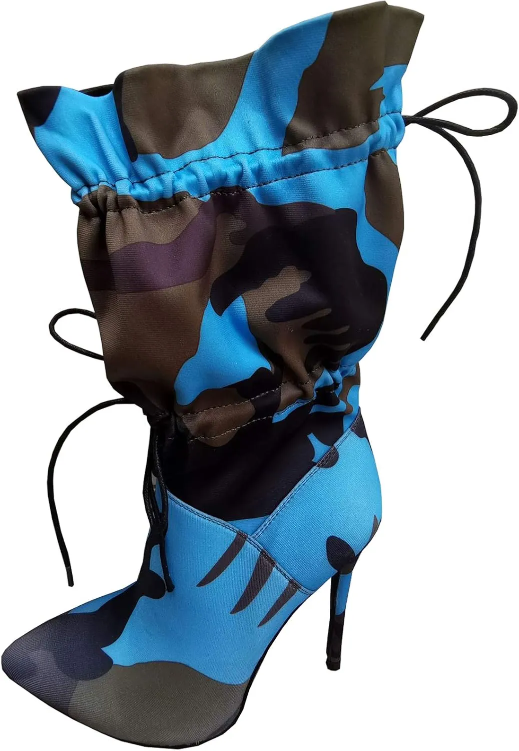 YIYA Sexy Camouflage Pointed Toe Mid-Calf Boots for Women Orange Stiletto High Heels Boots Elastic Lace Up Fabric Stretchy Ankle Booties