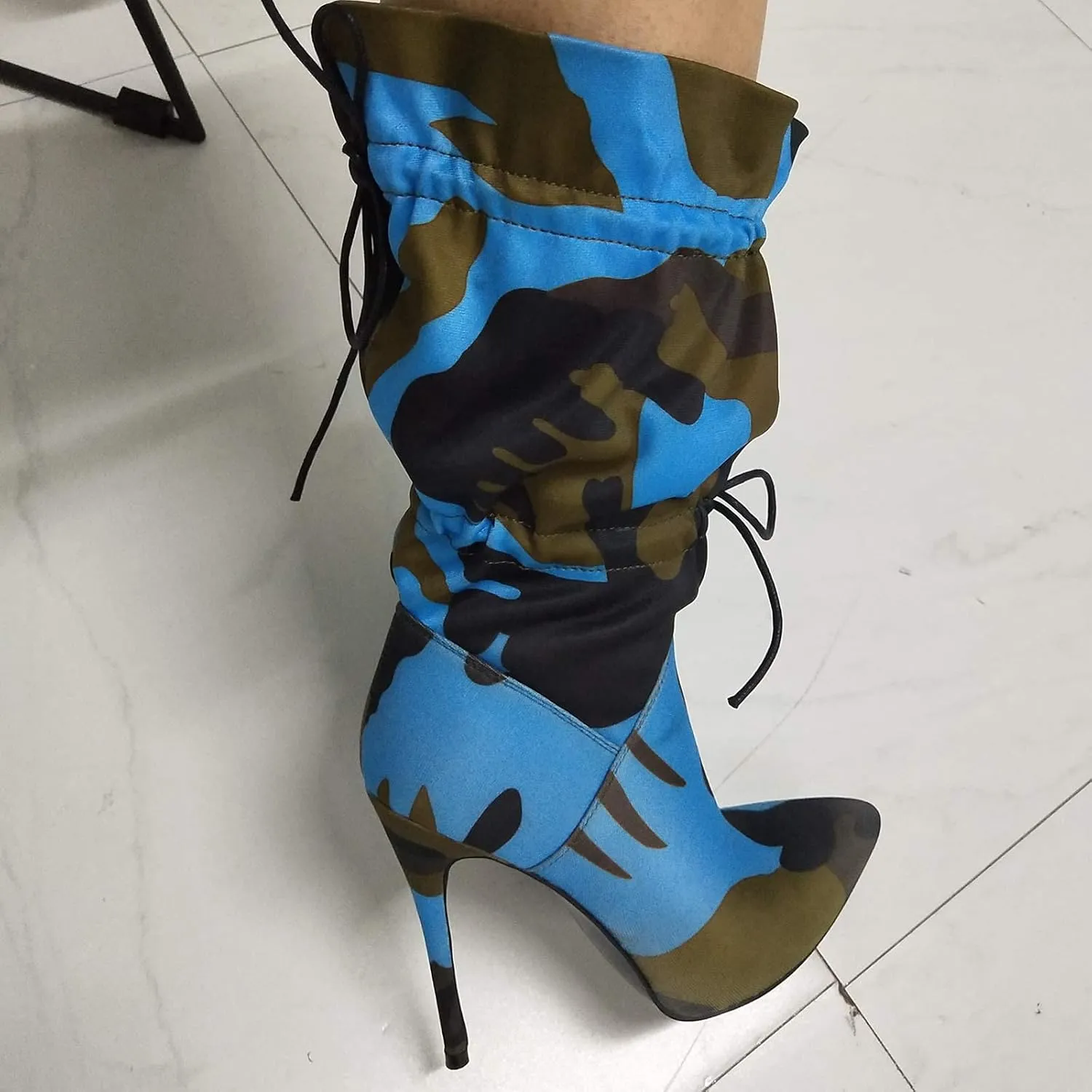 YIYA Sexy Camouflage Pointed Toe Mid-Calf Boots for Women Orange Stiletto High Heels Boots Elastic Lace Up Fabric Stretchy Ankle Booties