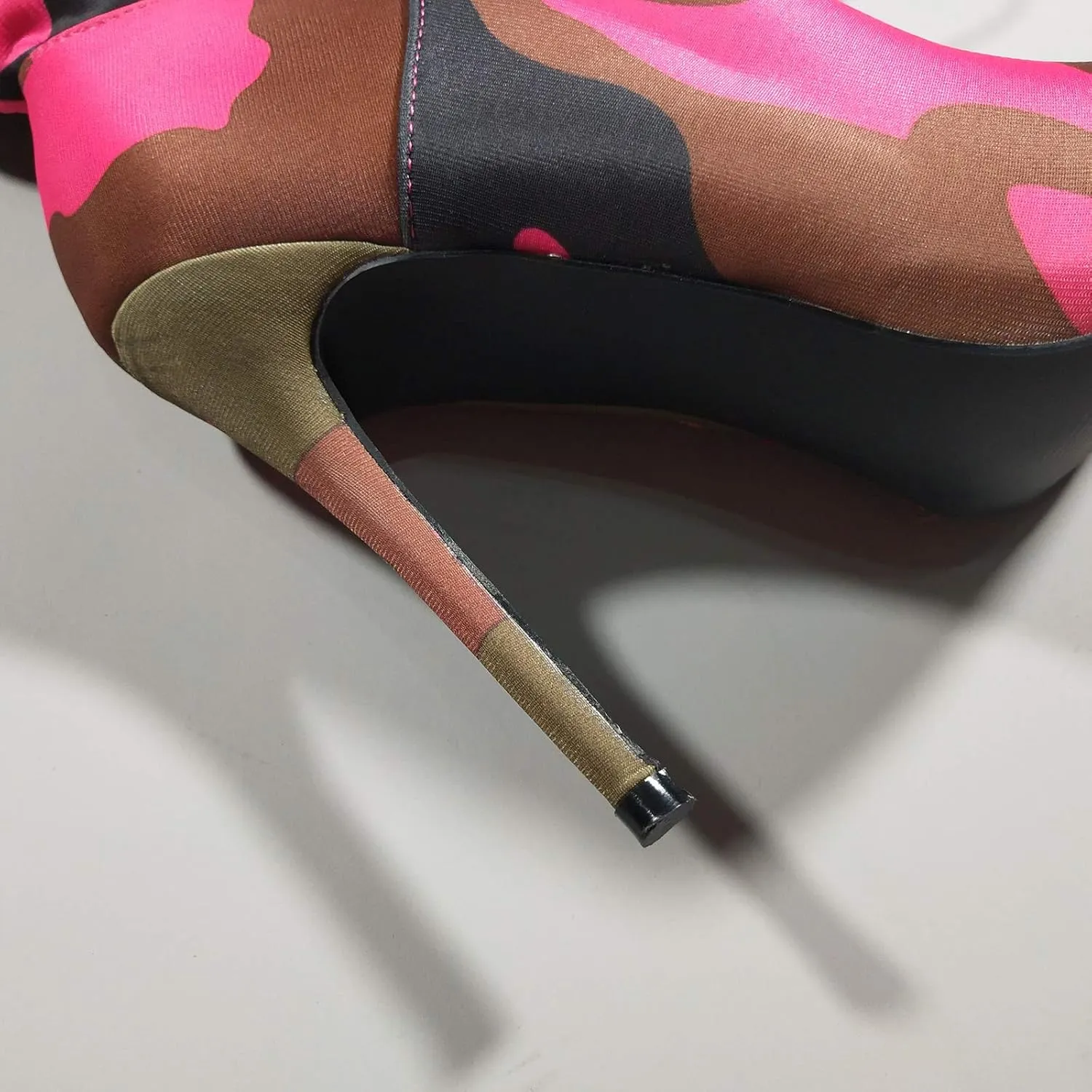 YIYA Sexy Camouflage Pointed Toe Mid-Calf Boots for Women Orange Stiletto High Heels Boots Elastic Lace Up Fabric Stretchy Ankle Booties