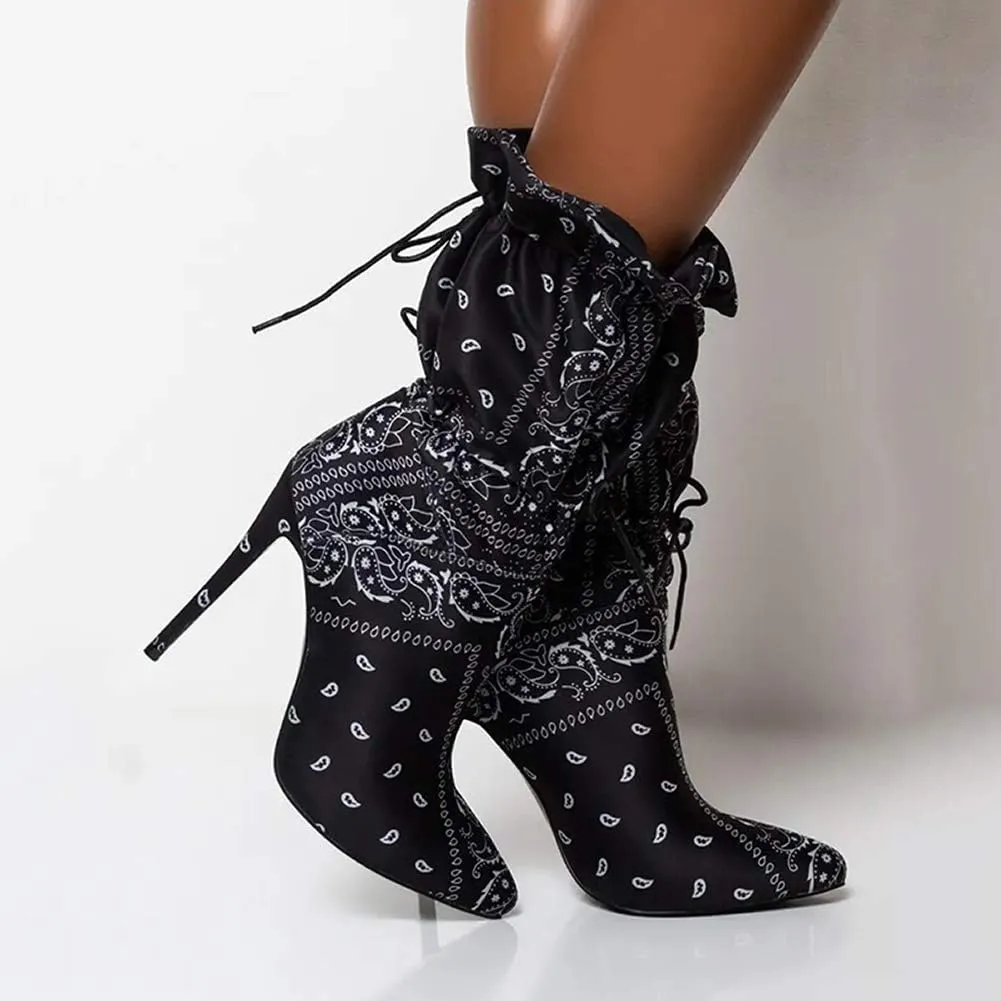 YIYA Sexy Camouflage Pointed Toe Mid-Calf Boots for Women Orange Stiletto High Heels Boots Elastic Lace Up Fabric Stretchy Ankle Booties