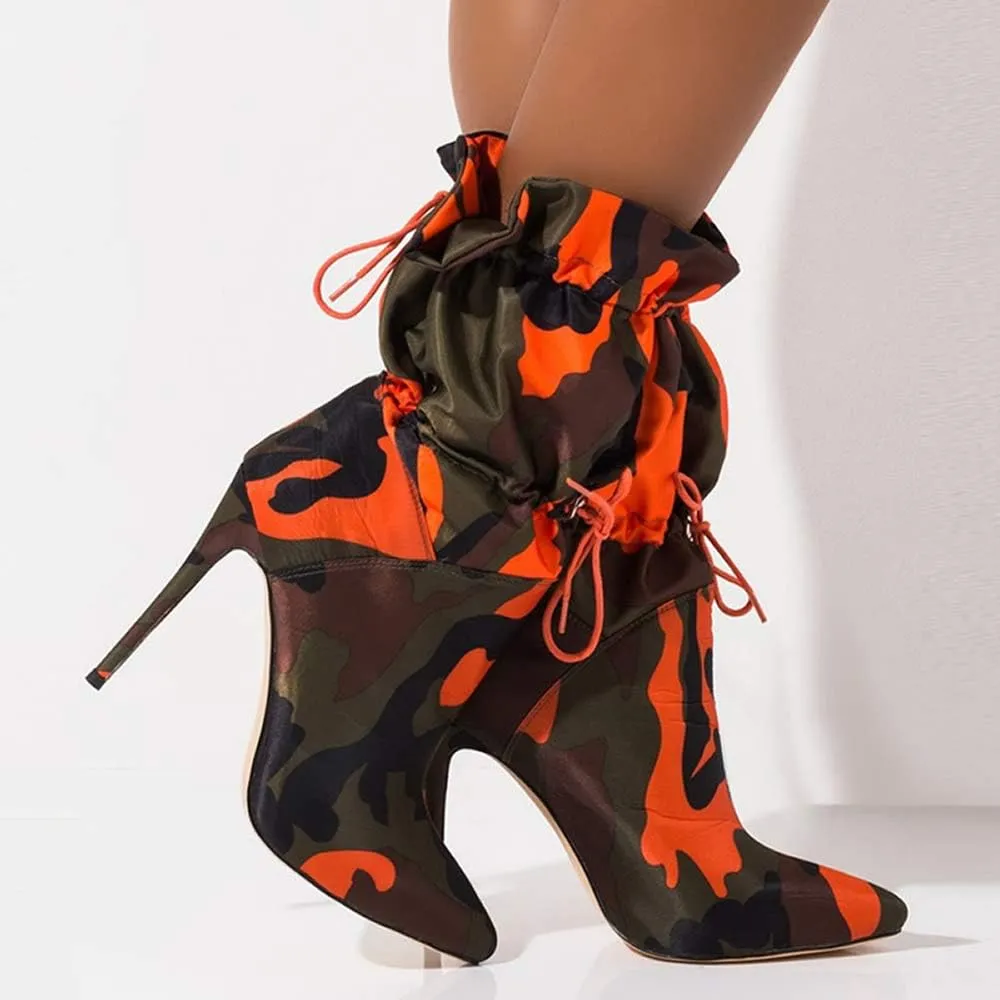 YIYA Sexy Camouflage Pointed Toe Mid-Calf Boots for Women Orange Stiletto High Heels Boots Elastic Lace Up Fabric Stretchy Ankle Booties