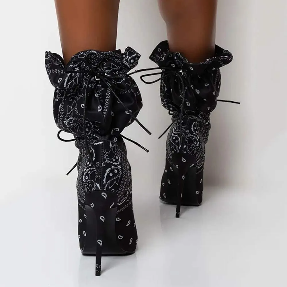 YIYA Sexy Camouflage Pointed Toe Mid-Calf Boots for Women Orange Stiletto High Heels Boots Elastic Lace Up Fabric Stretchy Ankle Booties
