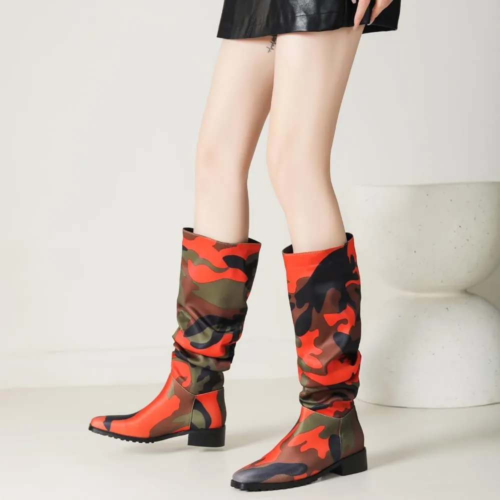 YIYA Women's Camouflage Slouchy Knee High Boots Square Toe Chunky Flat Heel Riding Combat Tall Pull On Boots