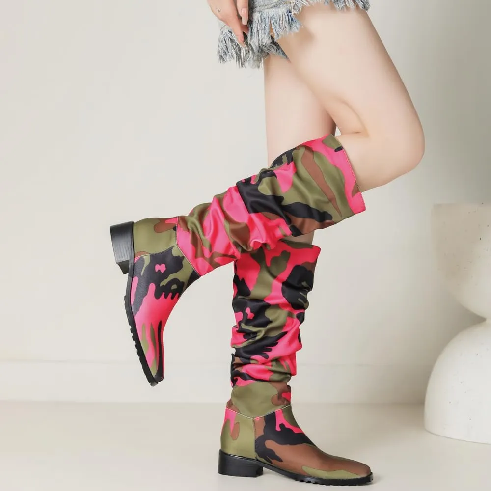 YIYA Women's Camouflage Slouchy Knee High Boots Square Toe Chunky Flat Heel Riding Combat Tall Pull On Boots
