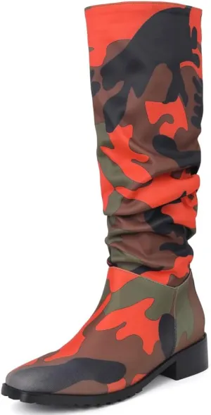 YIYA Women's Camouflage Slouchy Knee High Boots Square Toe Chunky Flat Heel Riding Combat Tall Pull On Boots