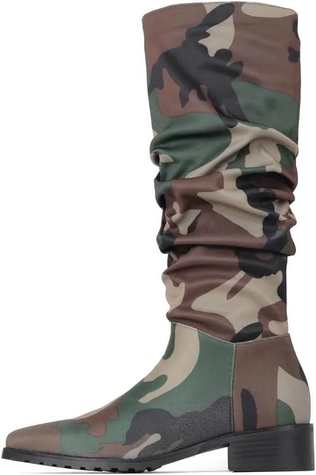 YIYA Women's Camouflage Slouchy Knee High Boots Square Toe Chunky Flat Heel Riding Combat Tall Pull On Boots