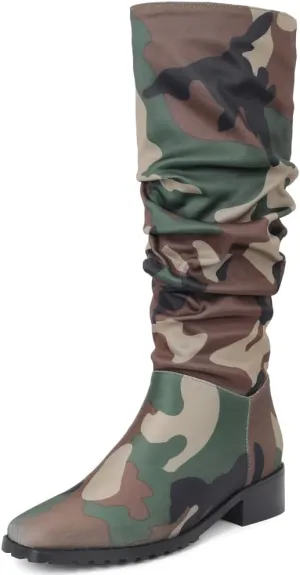 YIYA Women's Camouflage Slouchy Knee High Boots Square Toe Chunky Flat Heel Riding Combat Tall Pull On Boots