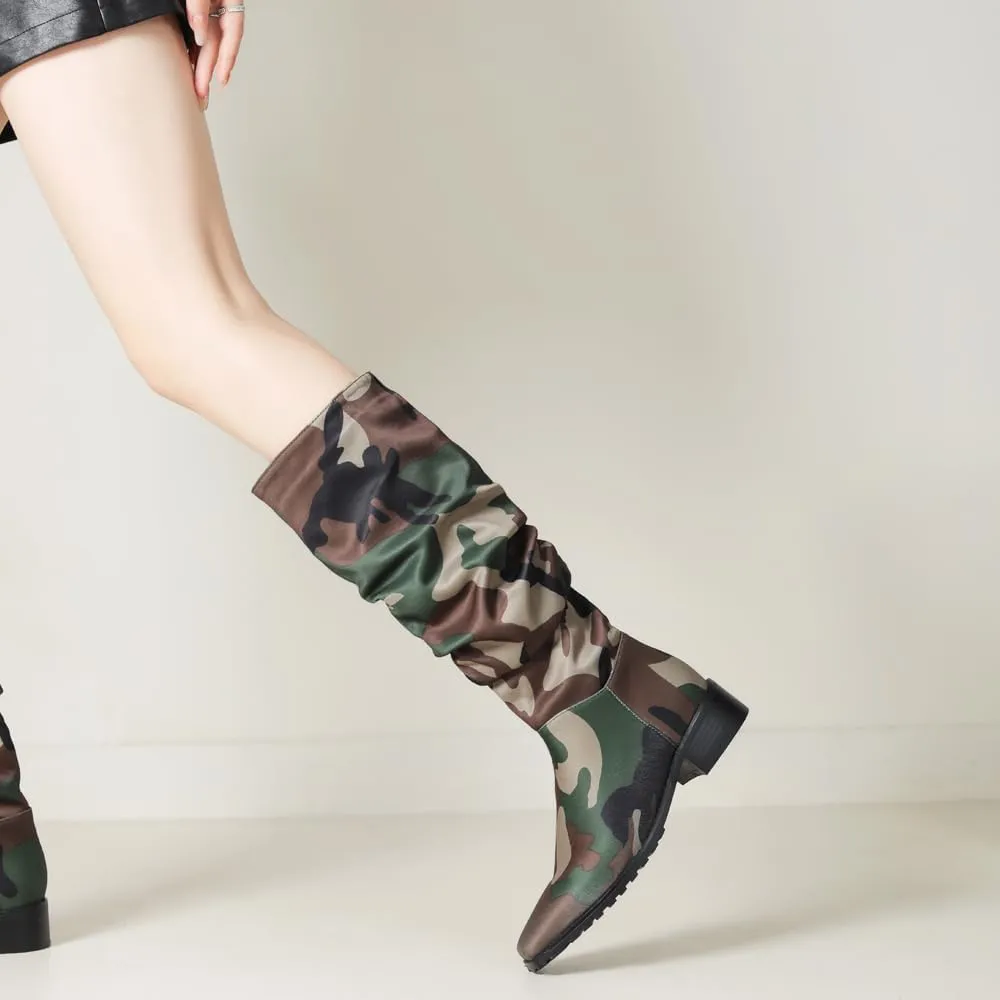 YIYA Women's Camouflage Slouchy Knee High Boots Square Toe Chunky Flat Heel Riding Combat Tall Pull On Boots