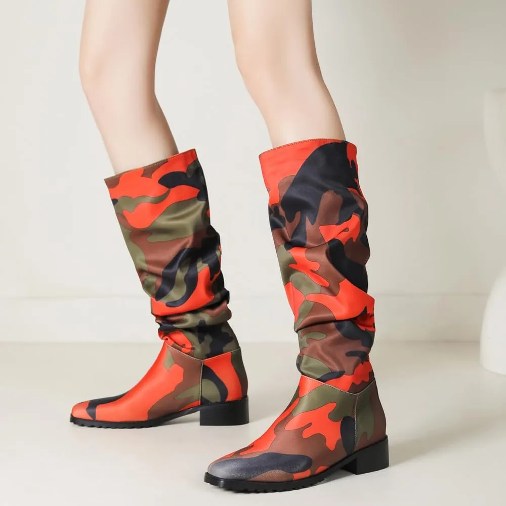 YIYA Women's Camouflage Slouchy Knee High Boots Square Toe Chunky Flat Heel Riding Combat Tall Pull On Boots