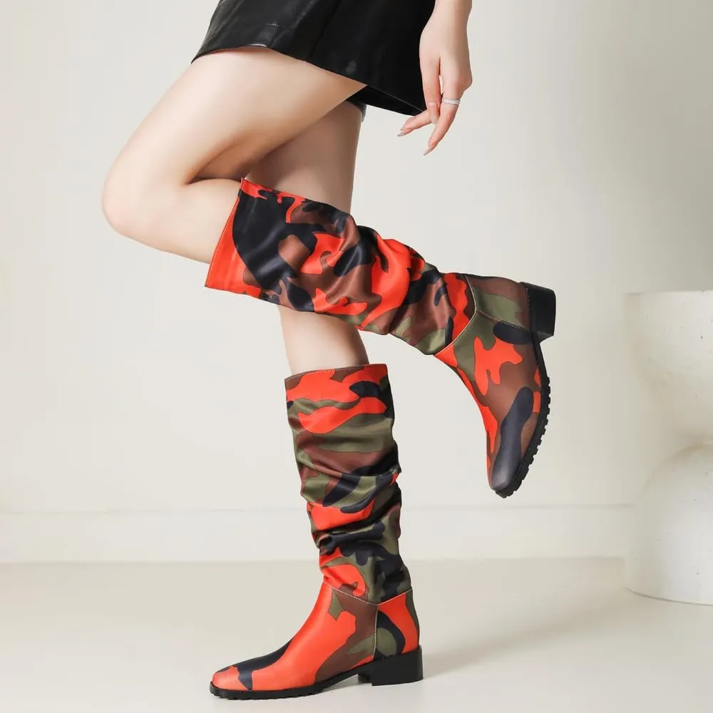 YIYA Women's Camouflage Slouchy Knee High Boots Square Toe Chunky Flat Heel Riding Combat Tall Pull On Boots