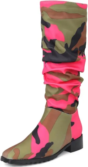 YIYA Women's Camouflage Slouchy Knee High Boots Square Toe Chunky Flat Heel Riding Combat Tall Pull On Boots