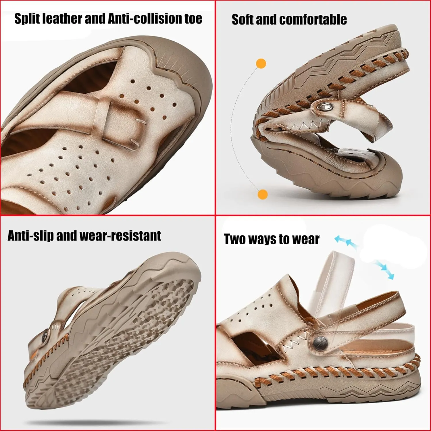 Zeberfi Men's Genuine Leather Closed Toe Fisherman Sandals Casual Outdoor Athletic Handmade Adjustable Slip On Beach Shoes Summer Breathable Comfort Walking Sports Hiking Sandals