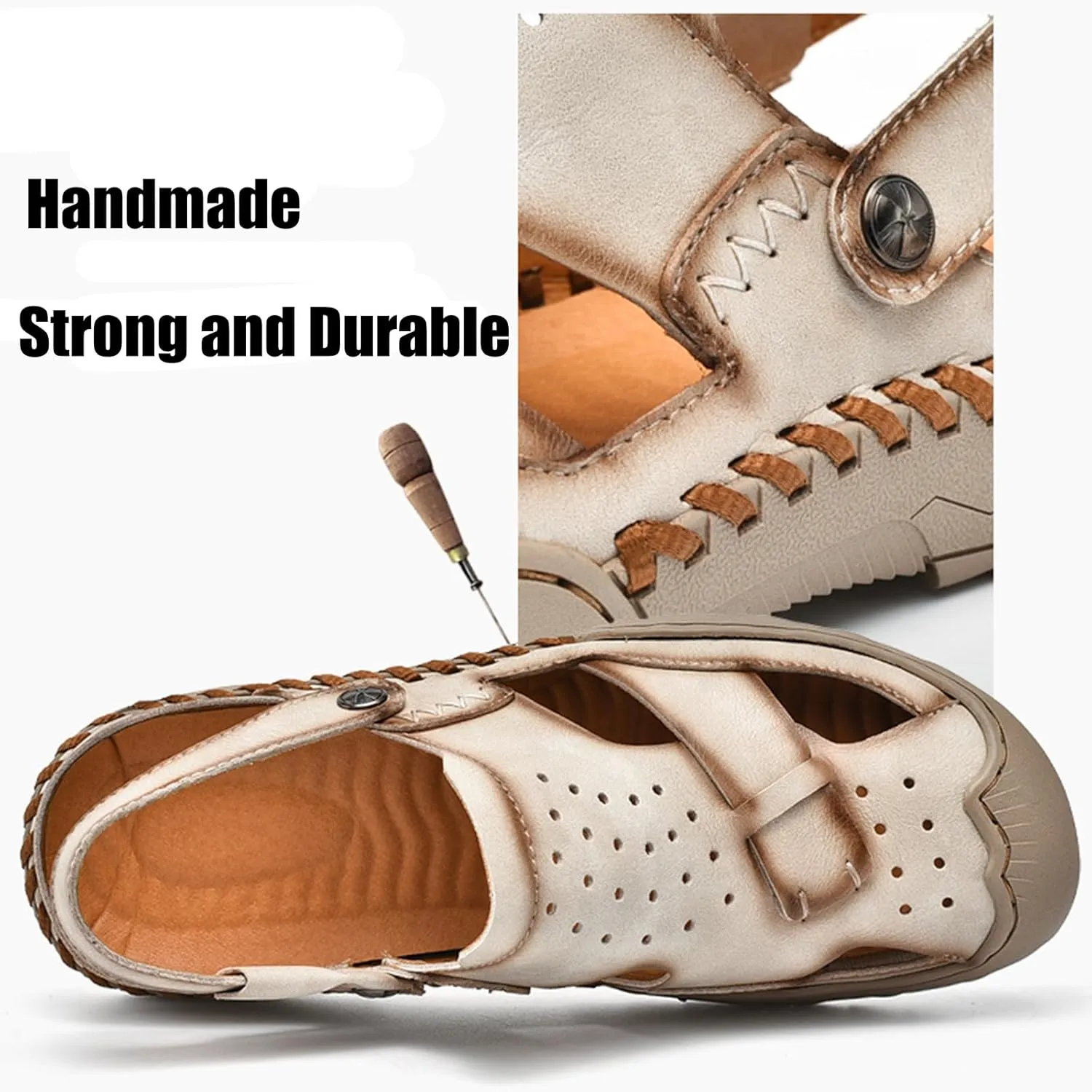 Zeberfi Men's Genuine Leather Closed Toe Fisherman Sandals Casual Outdoor Athletic Handmade Adjustable Slip On Beach Shoes Summer Breathable Comfort Walking Sports Hiking Sandals