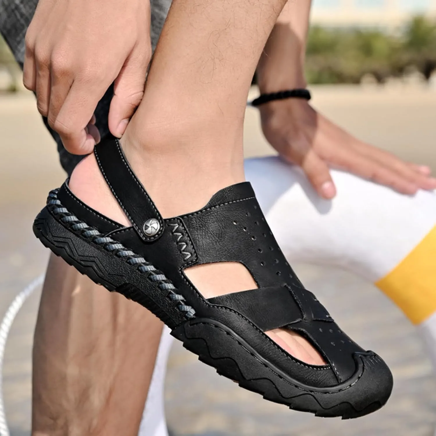 Zeberfi Men's Genuine Leather Closed Toe Fisherman Sandals Casual Outdoor Athletic Handmade Adjustable Slip On Beach Shoes Summer Breathable Comfort Walking Sports Hiking Sandals