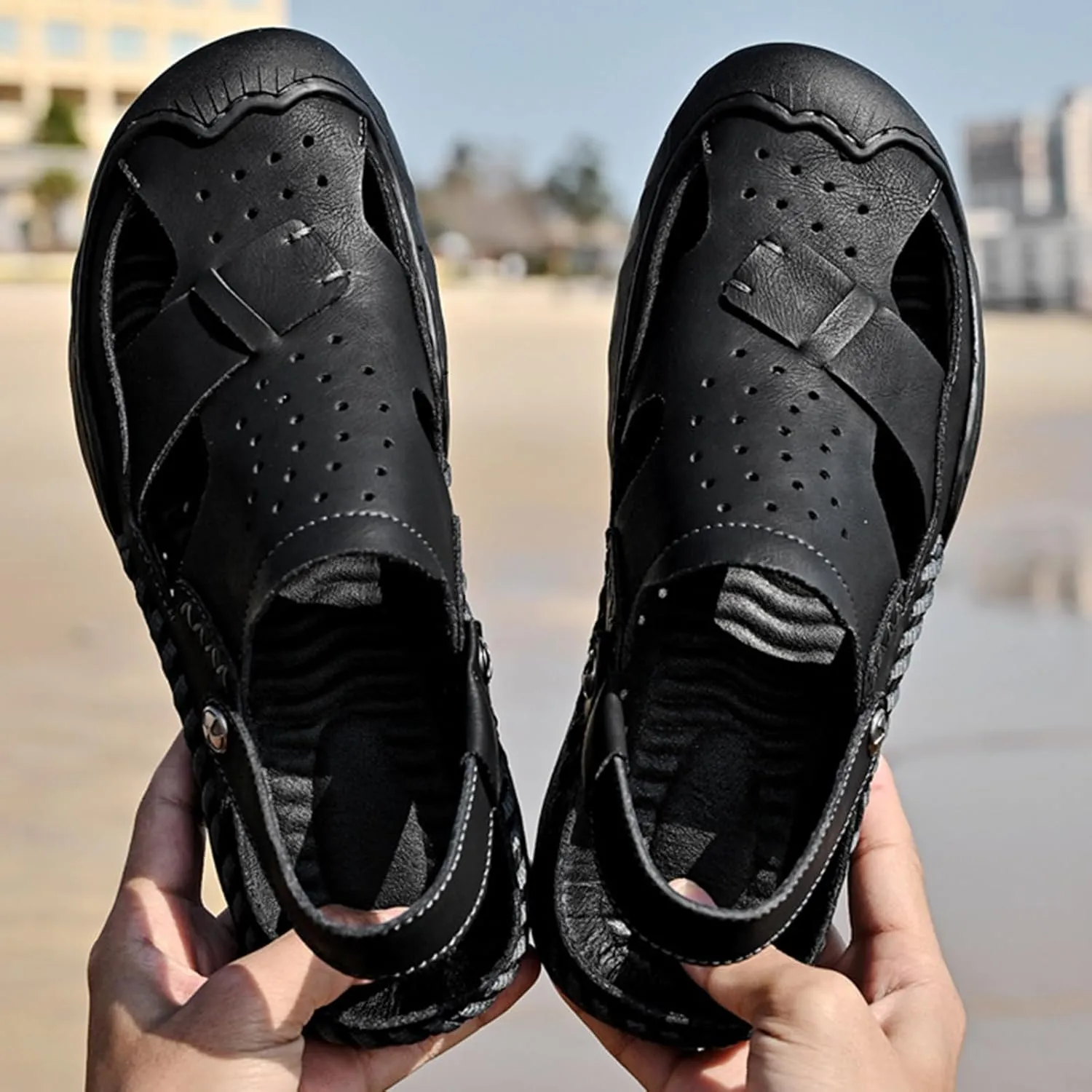 Zeberfi Men's Genuine Leather Closed Toe Fisherman Sandals Casual Outdoor Athletic Handmade Adjustable Slip On Beach Shoes Summer Breathable Comfort Walking Sports Hiking Sandals