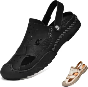 Zeberfi Men's Genuine Leather Closed Toe Fisherman Sandals Casual Outdoor Athletic Handmade Adjustable Slip On Beach Shoes Summer Breathable Comfort Walking Sports Hiking Sandals