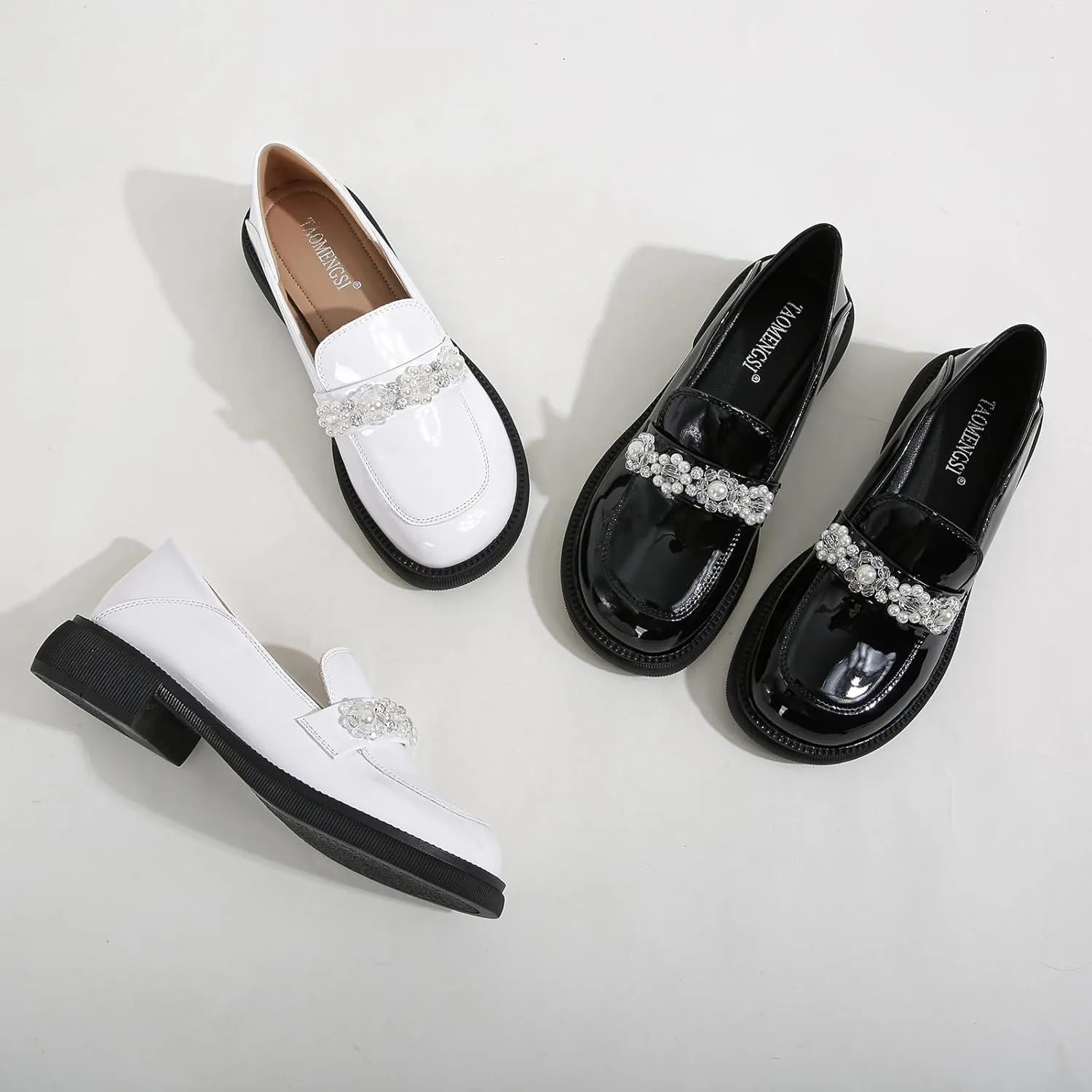 Zeberfi Women's Patent Leather Crystal Pearl Chain Loafers Comfortable Slip On Shallow Mouth Round Toe Penny Shoes Lightweight Office Business Casual Dress Work Shoes