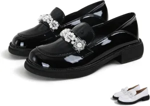 Zeberfi Women's Patent Leather Crystal Pearl Chain Loafers Comfortable Slip On Shallow Mouth Round Toe Penny Shoes Lightweight Office Business Casual Dress Work Shoes