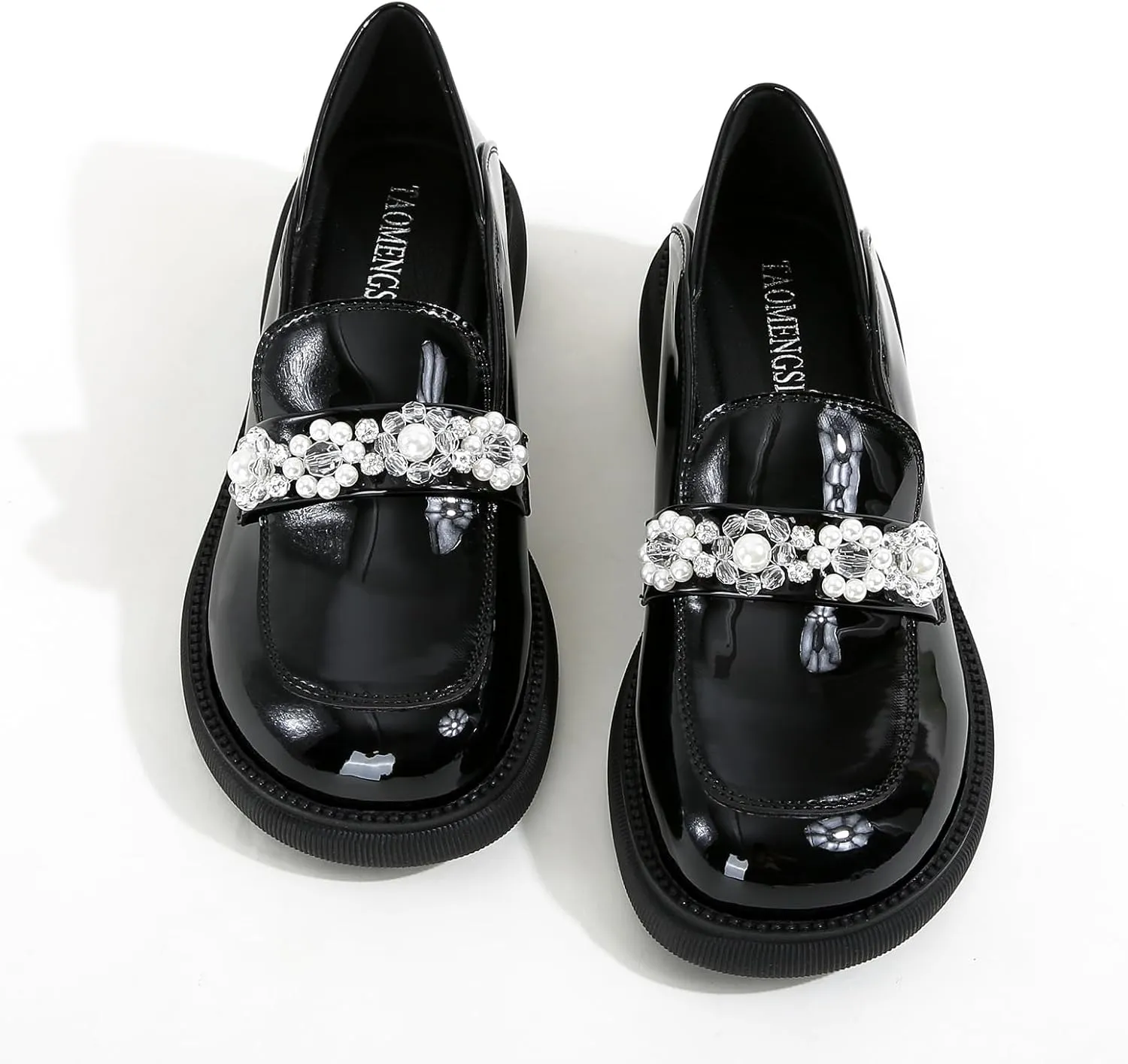Zeberfi Women's Patent Leather Crystal Pearl Chain Loafers Comfortable Slip On Shallow Mouth Round Toe Penny Shoes Lightweight Office Business Casual Dress Work Shoes
