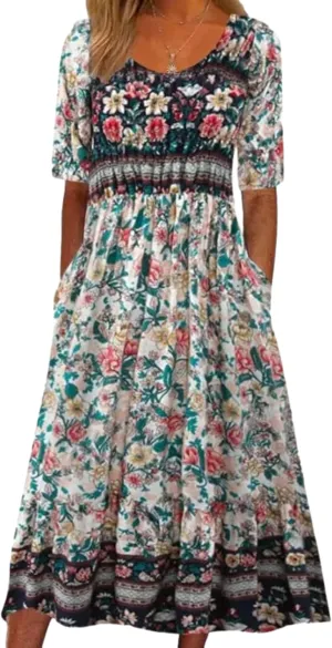 ZOCAVIA Womens Boho Floral Printed Maxi Dresses 2024 Summer Casual Loose Flowy Bohemian Vintage Short Sundresses with Pockets