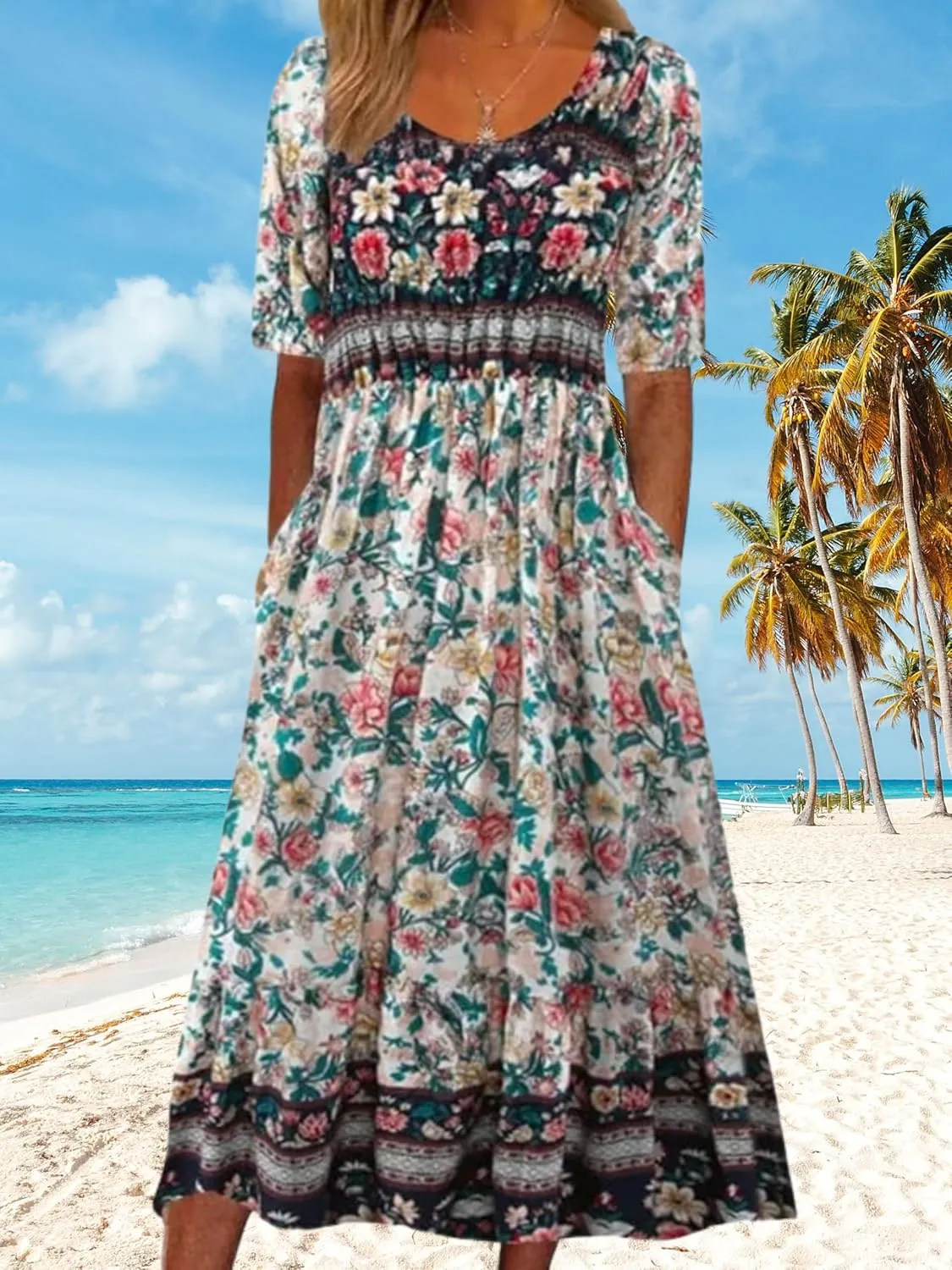 ZOCAVIA Womens Boho Floral Printed Maxi Dresses 2024 Summer Casual Loose Flowy Bohemian Vintage Short Sundresses with Pockets
