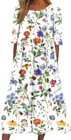 ZOCAVIA Womens Boho Floral Printed Maxi Dresses 2024 Summer Casual Loose Flowy Bohemian Vintage Short Sundresses with Pockets