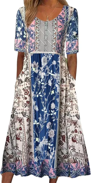 ZOCAVIA Womens Boho Floral Printed Maxi Dresses 2024 Summer Casual Loose Flowy Bohemian Vintage Short Sundresses with Pockets