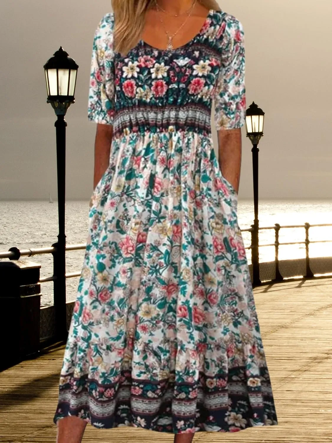 ZOCAVIA Womens Boho Floral Printed Maxi Dresses 2024 Summer Casual Loose Flowy Bohemian Vintage Short Sundresses with Pockets