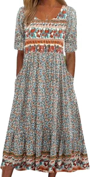 ZOCAVIA Womens Boho Floral Printed Maxi Dresses 2024 Summer Casual Loose Flowy Bohemian Vintage Short Sundresses with Pockets
