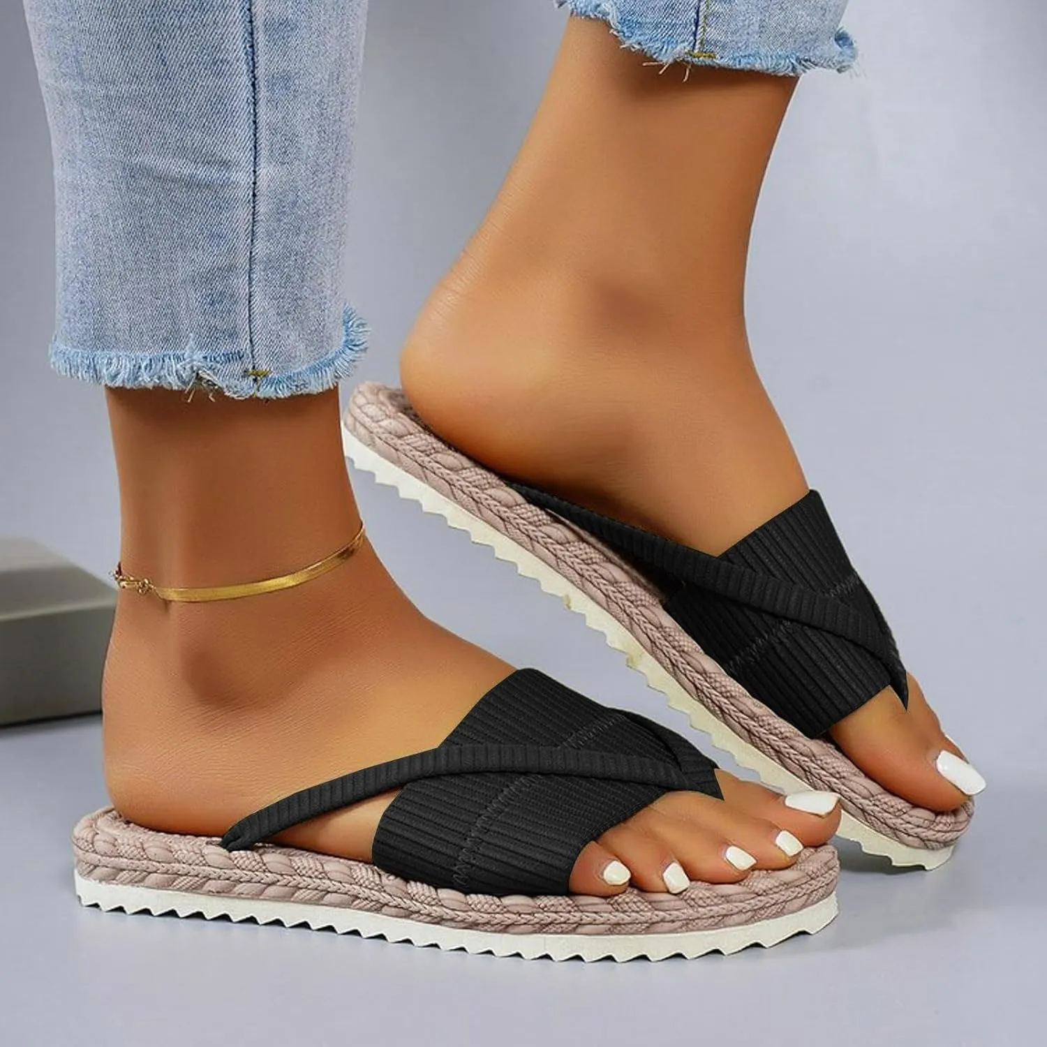 ZSpzx Espadrille Flat Slide Sandals for Women Open Clip Toe Espadrilles Sole Slip On Sandal Comfortable Beach Slides Ladies Cushioned Walking Wide Width Shoes for Daily Wear Outdoor Indoor