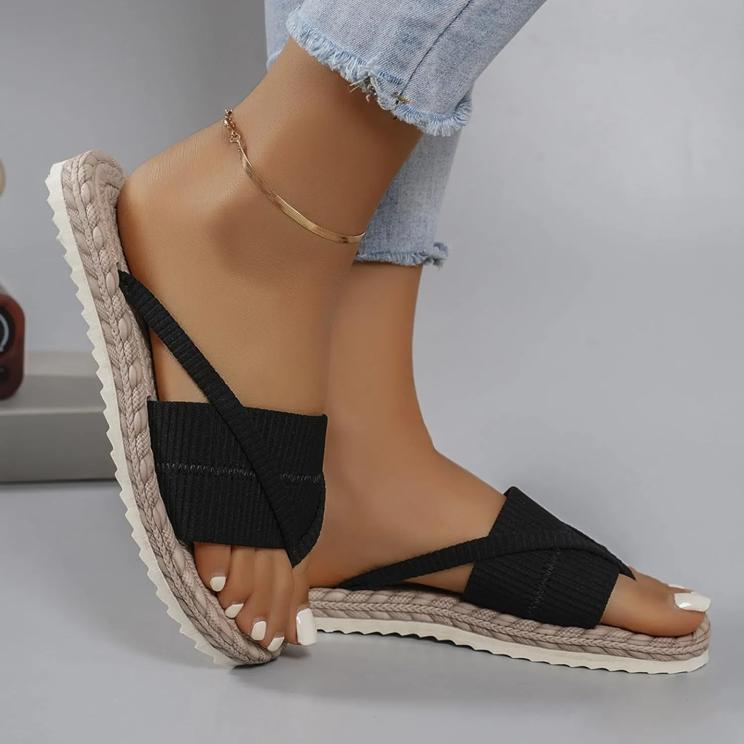 ZSpzx Espadrille Flat Slide Sandals for Women Open Clip Toe Espadrilles Sole Slip On Sandal Comfortable Beach Slides Ladies Cushioned Walking Wide Width Shoes for Daily Wear Outdoor Indoor